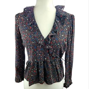Madewell 100% Silk Ruffle Hem Wrap Top Size *S in Starry Night